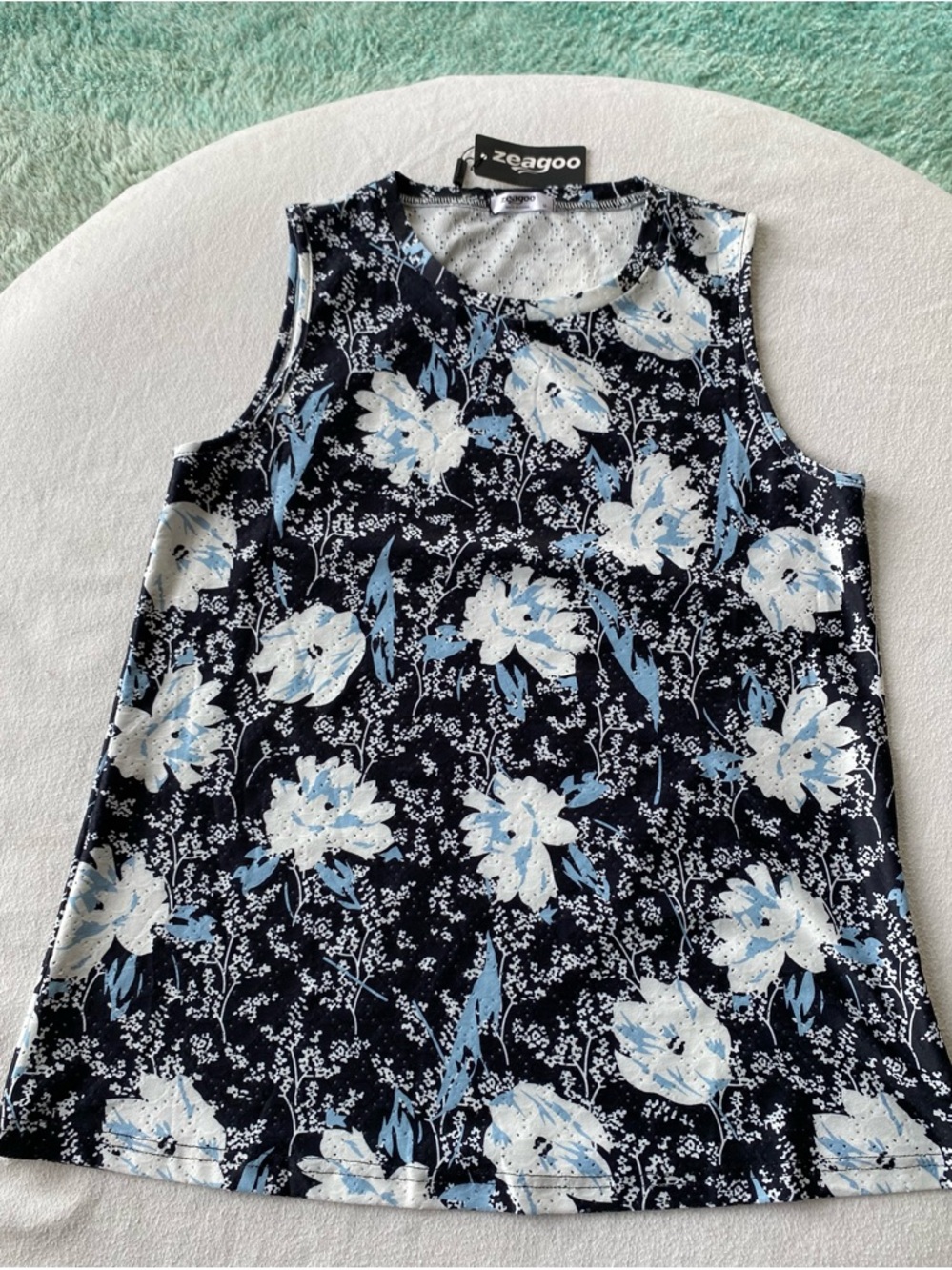 zeagoo Black Navy Floral Sleeveless Tank Top with Light Blue Accents